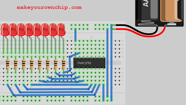 Breadboard image showing primary connection of the 74HC595 Shift Register